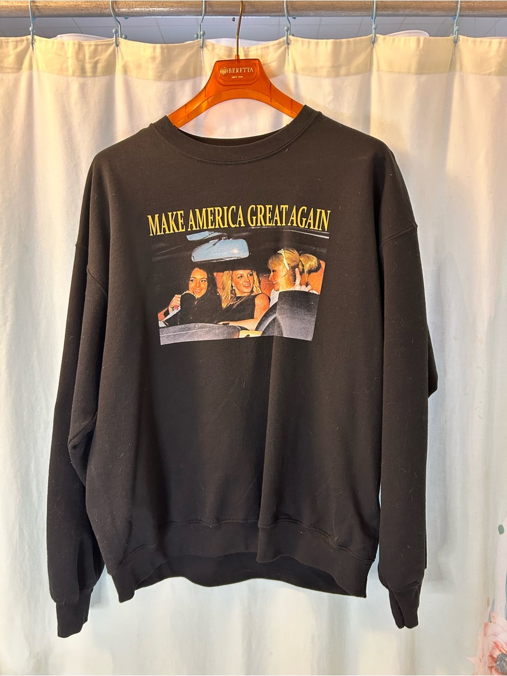 This is a joke!
Black XL Gildan crew neck with Britney, Lindsey and Paris.